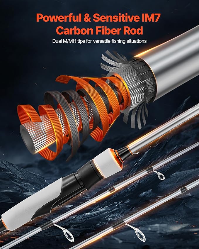 VEVOR Rod and Fishing Reel Combo, IM6/7 Carbon Fiber Spinning/Baitcasting Rod and Reel Combo, Bass Fishing Pole, Stainless Steel Guides with Ceramic Rings