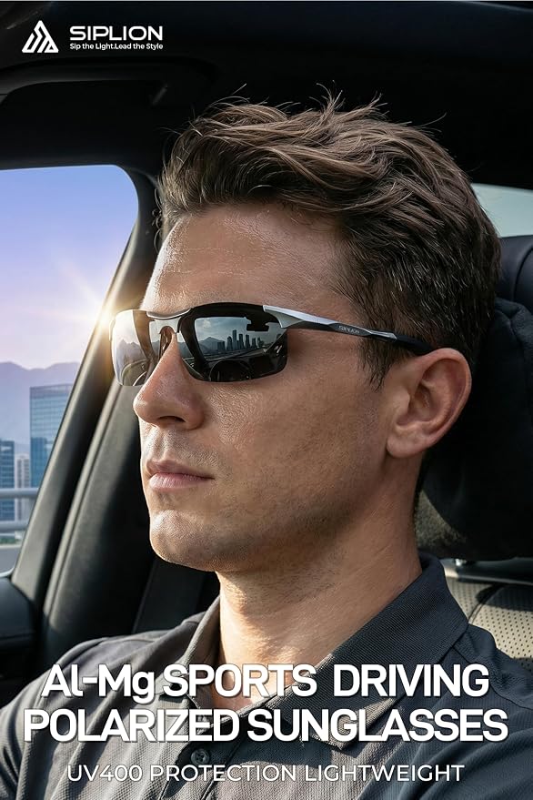 SIPLION Polarized Sunglasses Men Sports: UV Protection Ultra Light Al-Mg Metal Frame Ideal For Driving Fishing Running Golf