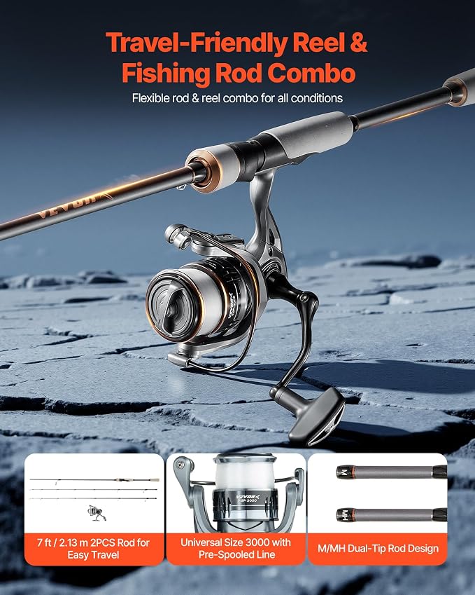 VEVOR Rod and Fishing Reel Combo, IM6/7 Carbon Fiber Spinning/Baitcasting Rod and Reel Combo, Bass Fishing Pole, Stainless Steel Guides with Ceramic Rings