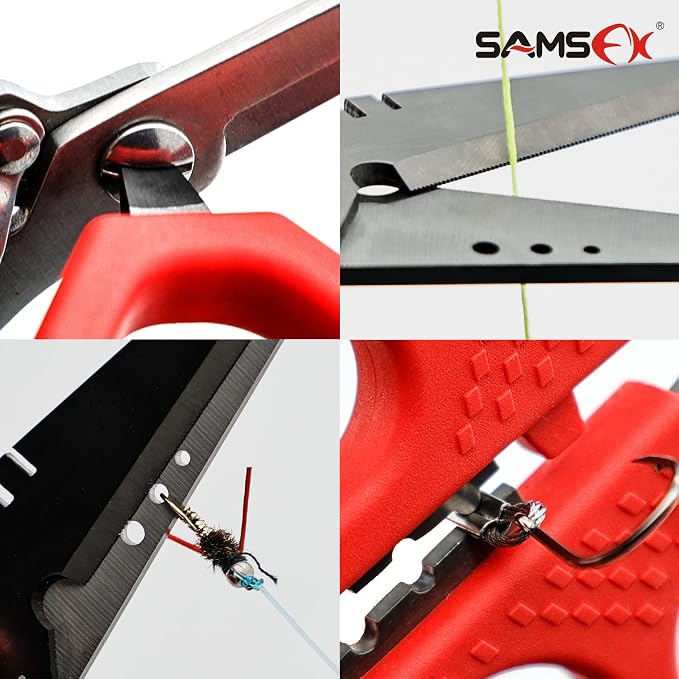 SAMSFX 6.5" Pro Fishing Shears Dual Serrated Blades, Fishing Braided Line Scissors with Titanium Coating, Non-Slip Grip & Multifunction Tool, Includes Hard Molded Locking Sheath & Coiled Lanyard