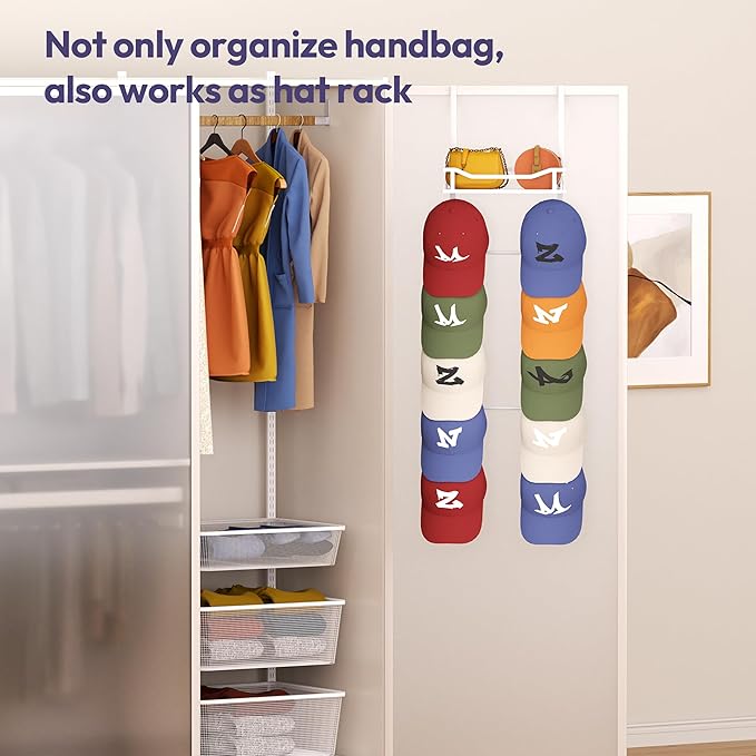SWTYMIKI Over The Door Purse Organizer - Wall Mounted Purse Rack with 10 Hooks and Metal Basket, Handbag Hanger Organizer Holds up to 10 Bags, Bag Rack Can Use As 1/2 Part, for Door, Closet
