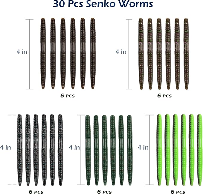 30/50/78/100Pcs Senko Worms Kit – 4"/5" Soft Plastic Fishing Lures with Salt Impregnation for Bass Fishing