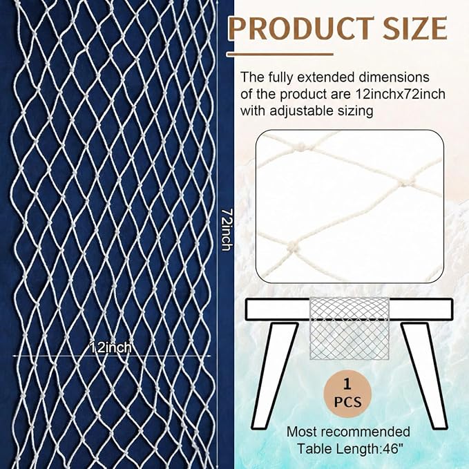 SATINIOR 1 Pcs Fish Net Party Decorations Fishing Net Table Runner 12x72'' Decorative Nautical Cotton Fishnet for Pirate Mermaid Hawaiian Ocean Beach Under the Sea Themed Party Decor (Natural)