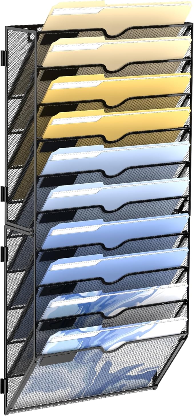 DALTACK Wall File Organizer, 10 Tier Hanging File Organizer, Mail Organizer Wall Mounted for Papers Folders Clipboard Magazine, Office Cubicle Organization & Storage, Assembly Needed, Mesh Black