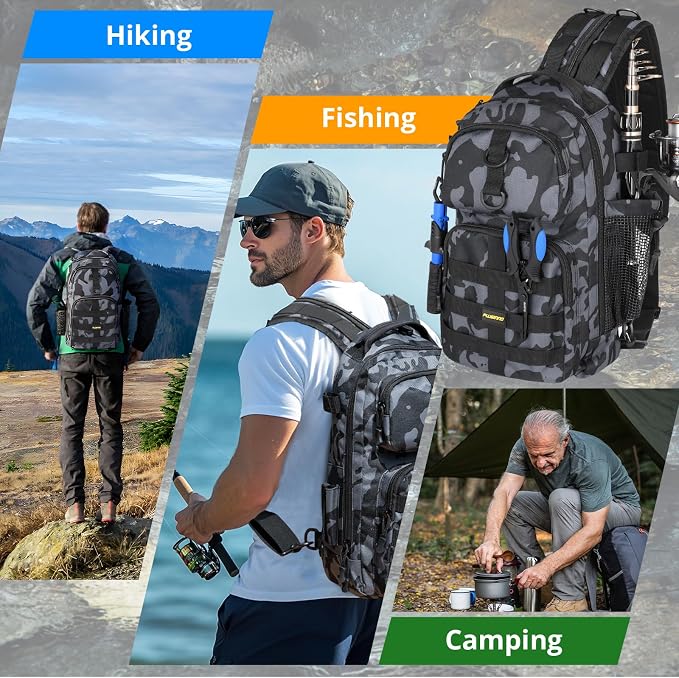 PLUSINNO Fishing Backpack with Floating Fishing Net, Tackle Boxes, Waterproof Sling Tackle Bag For Fish Gear With Rod Holder, Gifts for Men