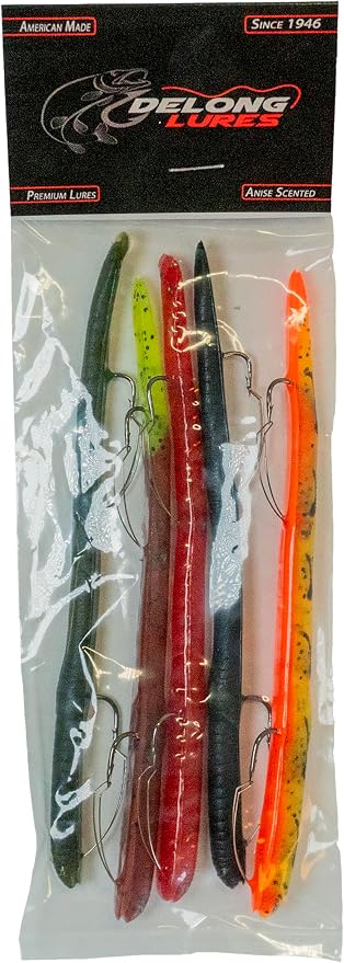 DeLong Lures 6" KILR Worm – Made in USA Weedless Pre-Rigged Soft Plastic Swimbaits, Extra Durable Bass Fishing Lures for Pike and More, 5-Pack Variety