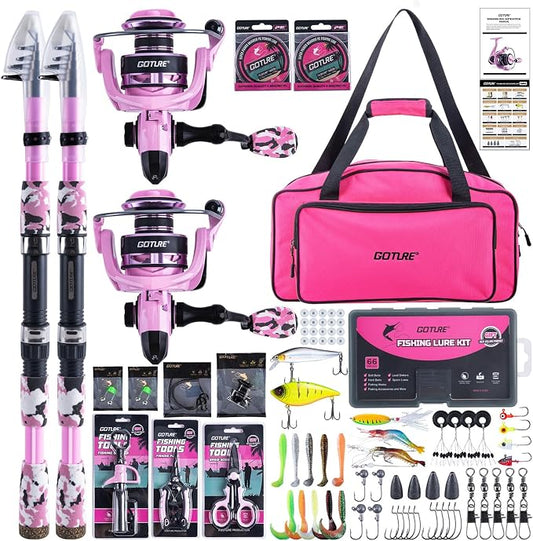 Goture Pink Fishing Rod and Reel Combo - ML Action Spinning Reel Pole with Pink Bag - Telescopic Rod Kit for Starter Travel Saltwater Freshwater, Gift for Woman