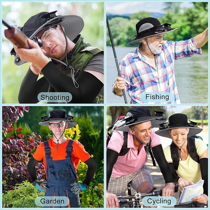 Glitopper 2 Set Wide Brim Solar Fan Hats with 2 Solar Fan and Arm Sleeves Set Outdoor Fishing Bucket Hat for Men Women Hiking