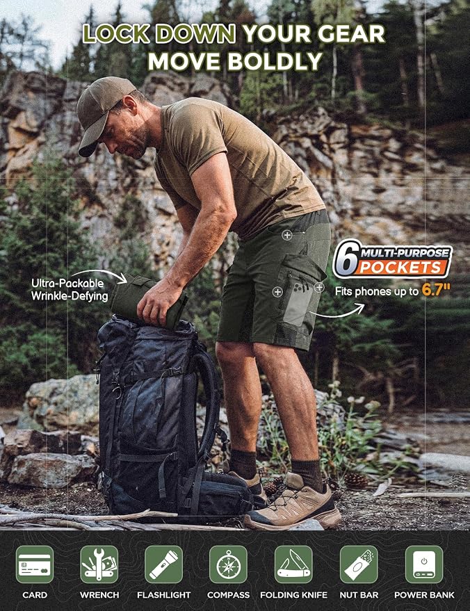 XKTTAC Men's Outdoor Quick Dry Lightweight Stretchy Shorts for Hiking, Tactical, Camping, Travel with 6 Pockets