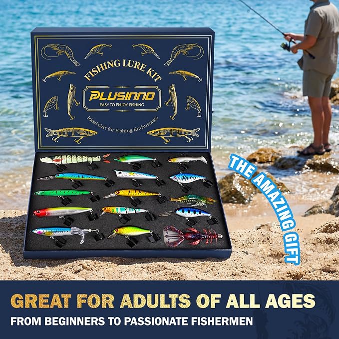 PLUSINNO Fishing Lures - Tackle Box, Bass Fishing Lures for Freshwater and Saltwater, Trout Fishing Gear & Bait, Fishing Gifts for Men,Father