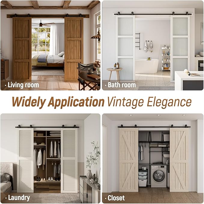 CCJH 12FT Sliding Barn Door Hardware Kit, Heavy Duty, Smoothly and Silently, Easy to Install, Fit 36" Width Double Door Panel, T-Shaped Style Black