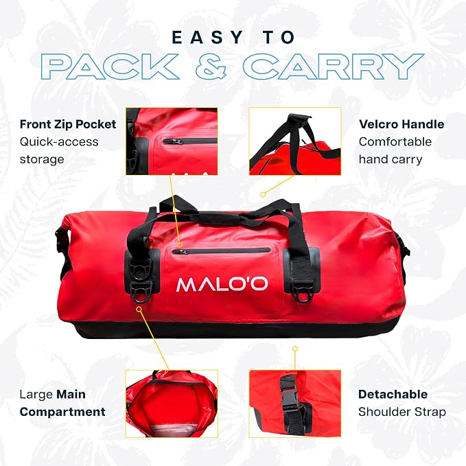 Malo’o Waterproof Dry Duffel, Heavy-Duty Roll Top Waterproof Gear Bag with Shoulder Strap & Molle Loops, Marine Duffel for Kayaking, Boating, Camping, Beach & Travel, Red, 100L