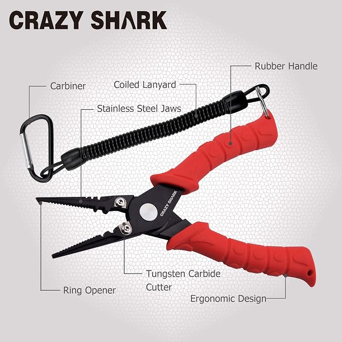 Fishing Pliers, Stainless Steel Fishing Tools, Saltwater Resistant Fishing Gear, Tungsten Carbide Cutters, Split Ring Pliers, Hook Remover with Coiled Lanyard and Sheath