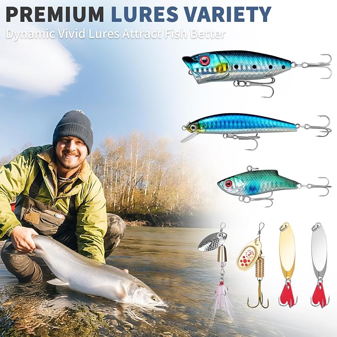 WITOROR Fishing Lures, Tackle Box with Tackle Included, Crankbaits, Spoon, Hooks, Weights & Other Accessories, Fishing Bait Lure Gear Kit Gifts for Men Bass Freshwater