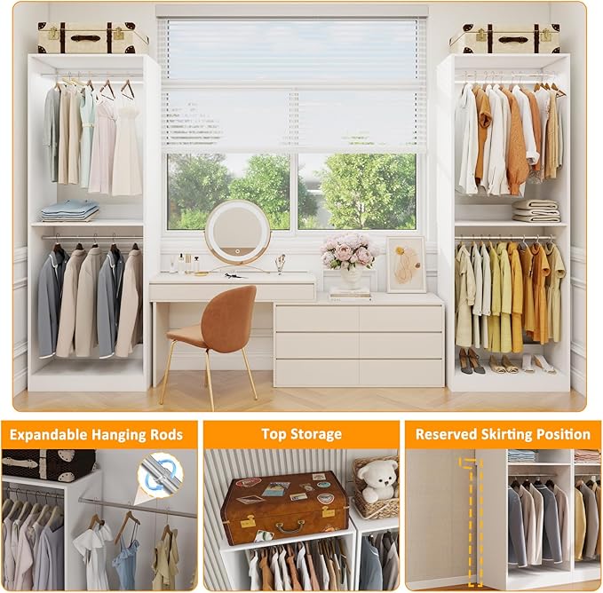 Closet System, 4FT Wood Closet Storage Organizer System with 6 Hanging Rods, 81" Tall Modular Closet System,Standalone Walk In Closet System,Set of 2, White
