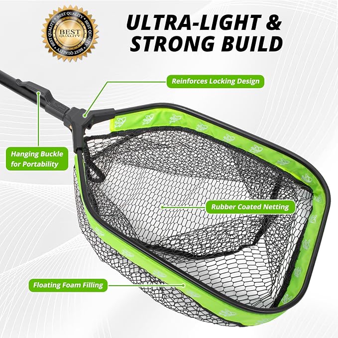 Floating Fishing Net, Collapsible Landing Net, Fish Net with Rubber Coated Polyethylene Netting for Bass, Trout, Fly Fishing, Kayak & Boat Fishing