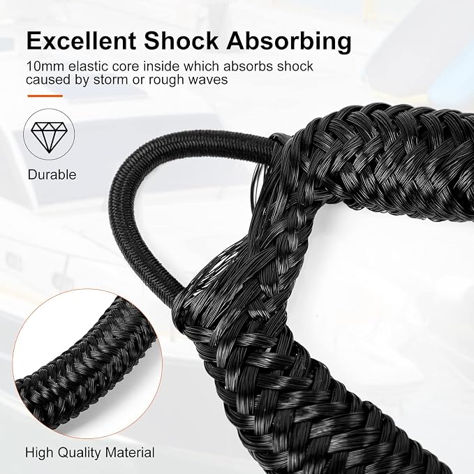 Bungee Dock Lines - Boat Accessories - 4 Feet Shock Cords Docking Rope Mooring Rope for PWC,Jet ski,Pontoon,Kayak,Canoe,Power Boat,Watercraft (Black)