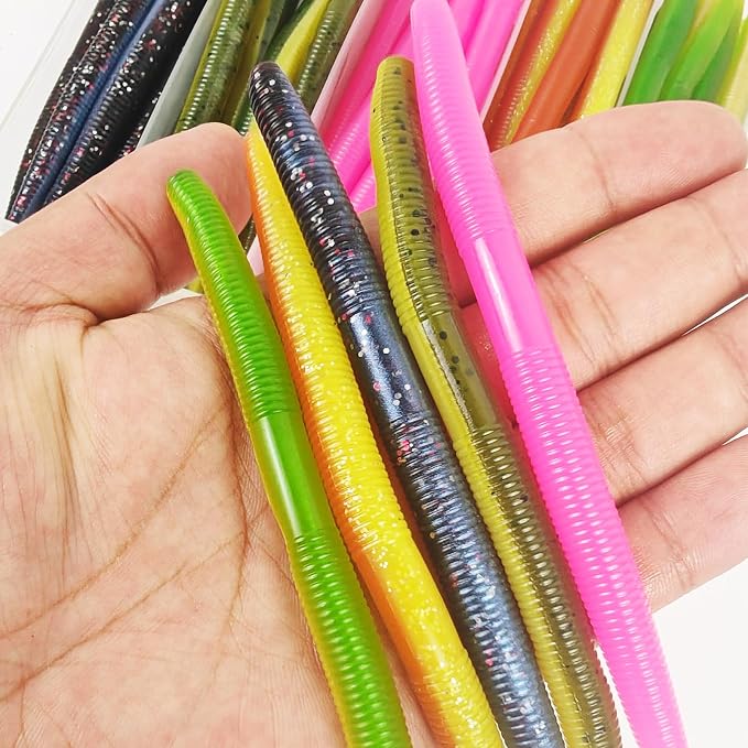 50Pcs Finesse Worms Soft Lures Worm Stick Bait Color Mixed Fishing Lure 5.5in/0.28oz