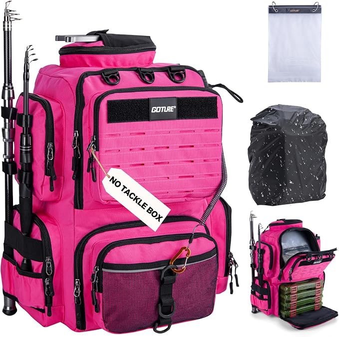 Goture Fishing Backpack, 900D Water-Resistant Tackle Backpack with Rod Holders, 45L Large Fishing Bag Storage Gear Tackle Bag with 8 Lure Pockets, Rain Cover for Camping Hiking(Without Tackle Box)