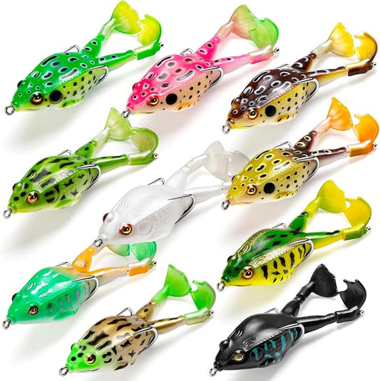 Topwater Frog Lure Bass Trout Fishing Lures Kit Set Realistic Prop Frog Soft Swimbait Floating Bait with Weedless Hooks for Freshwater Saltwater