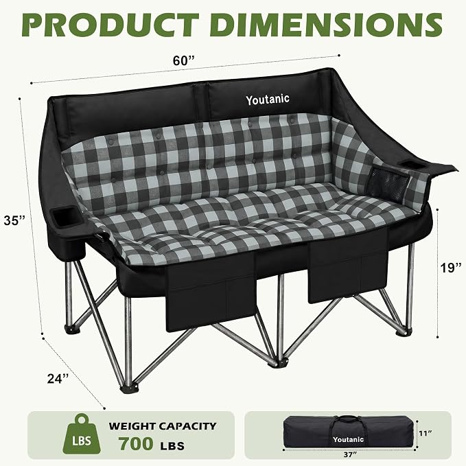 Youtanic 60" Extra Double Camping Chair, 700lbs Heavy Duty Padded Loveseat for Adults, Oversized 2 Person Folding Camp Couch with Dual Cup Holders, Portable Plaid Lawn Chair for Outside, Sports, Black