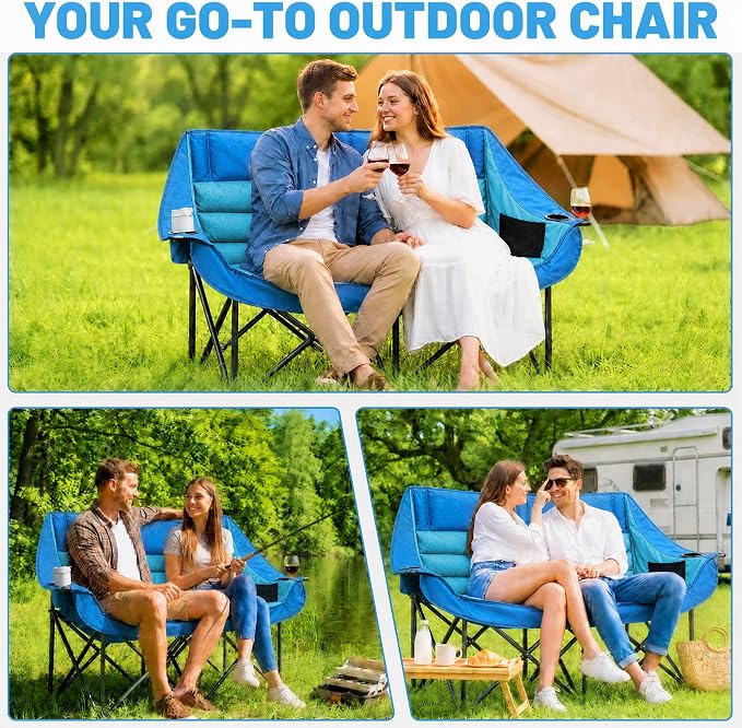 Youtanic Oversized Double Camping Chair, Folding Loveseat Camping Couch with Pocket, Cup Holder and Carry Bag, Heavy Duty Portable Camping Chairs for Adults, Fishing, Sports, Trip, up to 660lbs, Blue