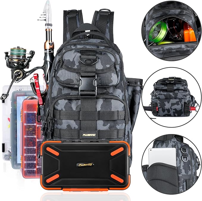 PLUSINNO Fishing Backpack, Fishing gear,Tackle Bag, Water-Resistant Bag with Rod Holder, Ideal Gifts for Men
