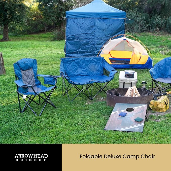 ARROWHEAD OUTDOOR 2-Pack Portable Deluxe Folding Camp Quad Chair w/Headrest, Glass & Cup Holders, Armest 6-can Cooler, Heavy Duty Carry Bag, 550 lbs Weight Capacity