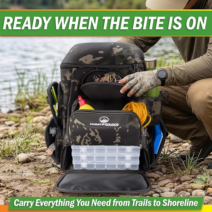 Fishing Backpack with Tackle Boxes, Rod Holders, 7 Zippered Storage Pockets and Water-Resistant Cover - Tactical Backpack Tackle Bag for Fishing Gear and Equipment by Wakeman Outdoors (Camo Black)