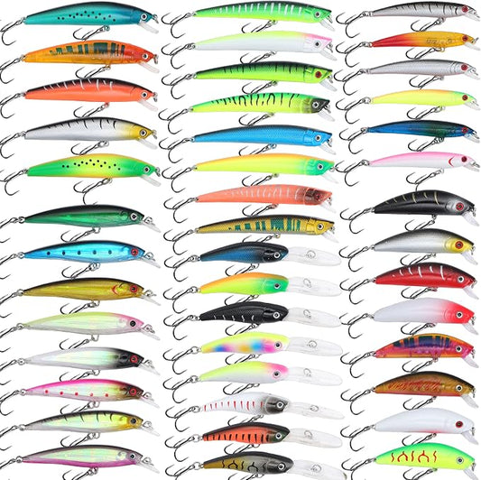 EXAURAFELIS Hard Jerkbait Kit Fishing Lures Set Including Minnow Popper Crank Baits with Hooks for Saltwater Freshwater Trout Bass Salmon Fishing Shallow Deep Diving Flat Side Crankbaits