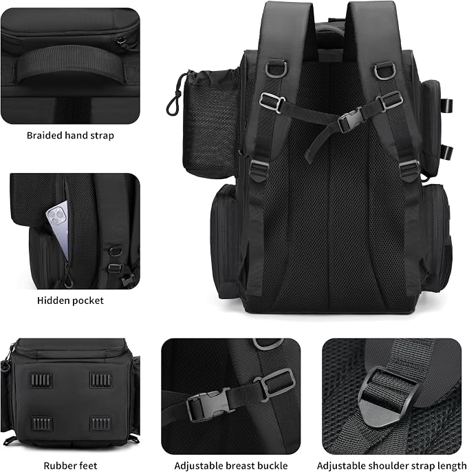 Rabjen Fishing Tackle Backpack with Rod Holders, Bottle Holder, Storage Bag Store Fishing Gear