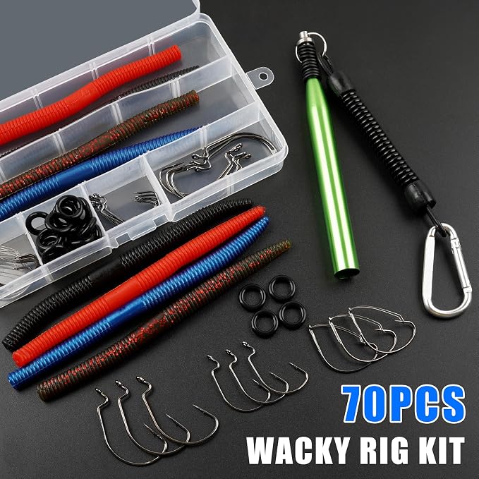 Wacky Rig Kit for Bass Fishing, 70pcs Wacky Worm Kit with Wacky Hooks, O-Rings, Wacky Tool, Soft Stick Worms and Tackle Box, Bass Fishing Lures for Largemouth and Smallmouth Bass