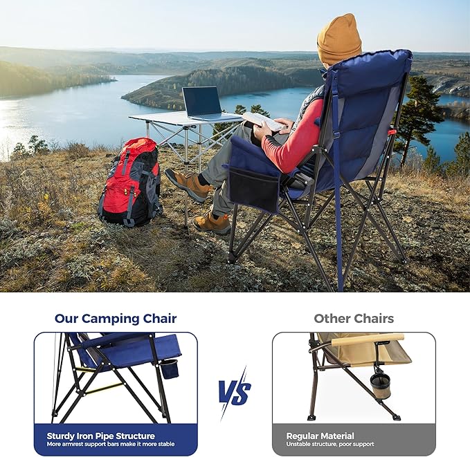 ALPHA CAMP Heavy Duty Camping Chairs with Cup Holder Oversized Folding Chair 500LBS Capacity Outdoor Chair with Headrest,Lawn with Side Pocket for Lawn, Sports and Fishing