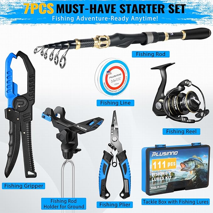 PLUSINNO Fishing Gear,Full Fishing Pole kit Include Fishing Rod and Reel Combo, Tackle Box with Fishing Lures, Fishing Accessories, Fishing Pliers,Fishing Gifts for Men with Fishing Tool Kit