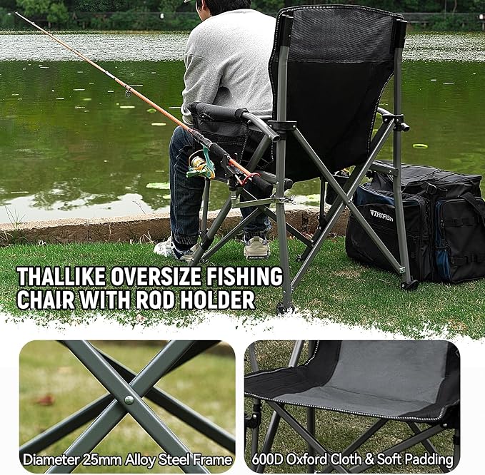 Fishing Chair with Upgraded 360° Adjustable Rod Holder, Folding Ice Fishing Chairs for Adults, Portable Camping Chair with Side Pocket Cup Holder for Outdoor Sports Garden Beach Lawn Picnic