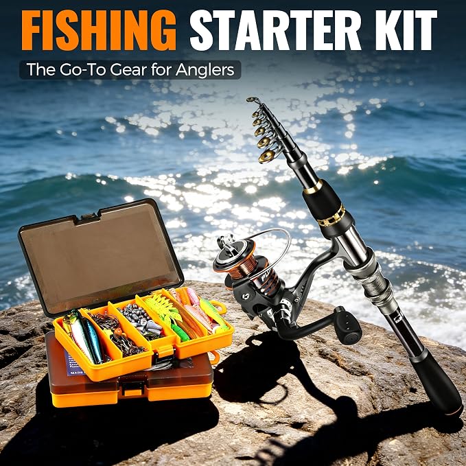 PLUSINNO Fishing Gear - Telescopic Fishing Rod and Reel Combo with Tackle Box, Collapsible Rod and Lures Box, Travel Fish Pole Starter Kit, Fishing Accessories Tackle Lure Kit Gifts for Men Bass Trout