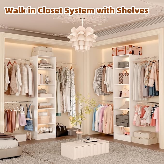 Closet System Set of 2, Closet Organizer System With Adjustable Shelves, Walk-In Closet Storage System With 10 Hanging Rods, Adjustable Cloth Garment Rack, Fits Spaces 6Ft-16Ft, White