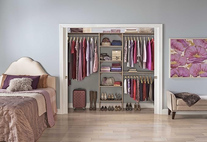 ClosetMaid SuiteSymphony Wood Closet Organizer Kit with Tower, 3 Hang Rods, Top Shelves, Adjustable, Fits Spaces 6 - 10 ft. Wide, Natural Gray