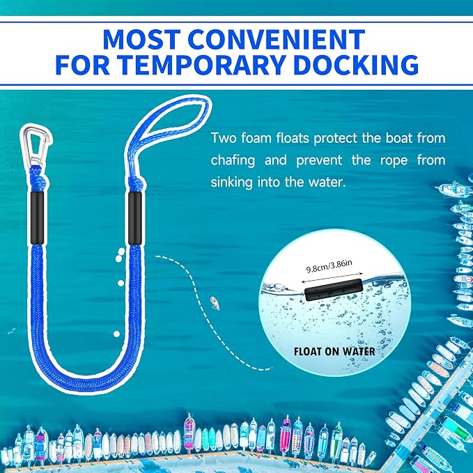 Boat Bungee Dock Lines – Adjustable Boat Tie Downs for Pontoon, Jet Ski, PWC, Kayak | Single Hook Small Cruiser Mooring Lines (2, Blue, 4 Feet)