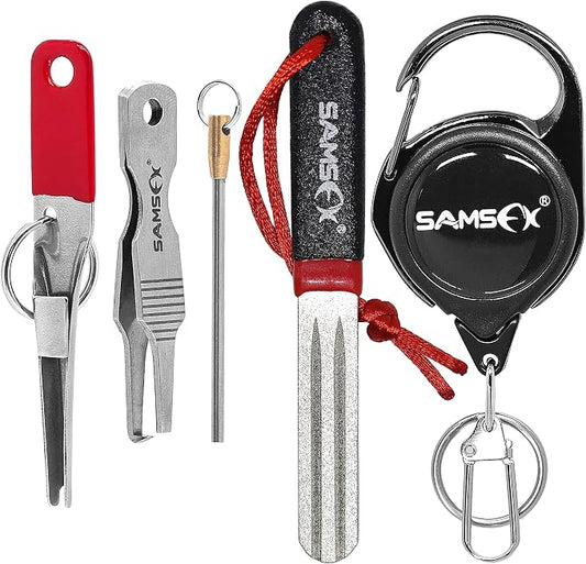 SAMSFX 5PCS Fishing Tool Kit, Knot Tying Tool, Hook Sharpener, Split Rings Opener, Upper Bait Aid Tools and Fly Fishing Retractors, Fishing Gifts for Men