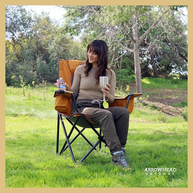 ARROWHEAD OUTDOOR Deluxe Folding Camp Chair – 550lb Capacity Heavy-Duty Quad Chair with Integrated Cooler, Headrest, and Dual Cup Holders.