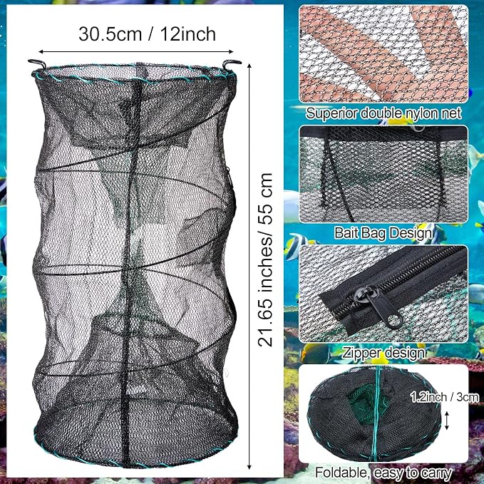 Woanger 3 Pcs Minnow Trap, Include 2 Fishing Bait Trap 1 Cylindrical Hexagon Crab Crawfish Trap, Lobster Shrimp Collapsible Cast Nets Portable Folded Fishing Accessories,12x21.65 Inches