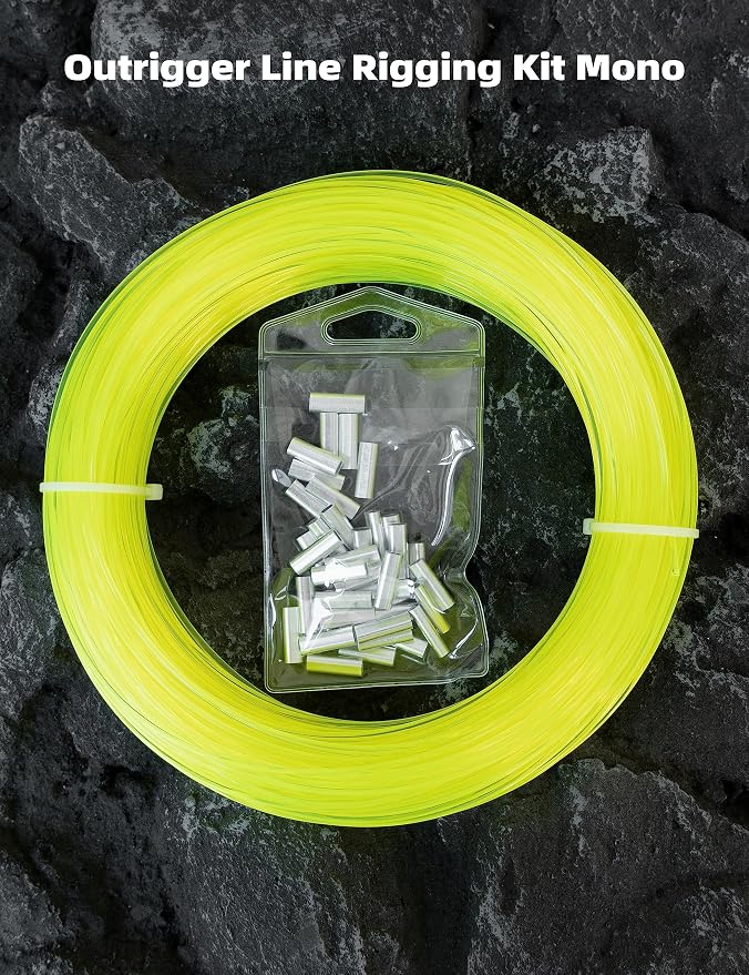 BLUEWING 50/100yd Outrigger Line Rigging Kit Mono with 20pcs/40pcs Aluminum Sleeve Crimps and 1.9mm 400LB Test Monofilament Fishing