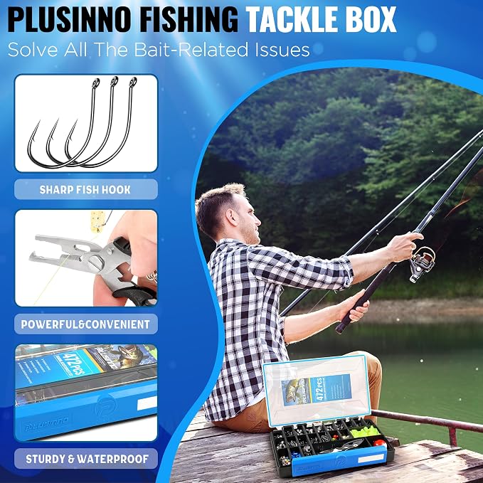 472PCS Fishing Accessories Kit, Waterproof Tackle Box with Tackle Included, Fishing Gifts for Men Included Hooks, Weights, Pliers,Fishing Gear and Equipment for Bass Trout