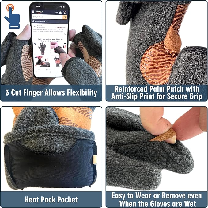 Palmyth Magnetic Fleece Fishing Gloves Convertible 3 Cut Fingers Ice Fishing Warm for Cold Weather Photography