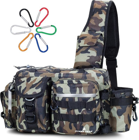 PYKES PEAK Fishing Bag | Waterproof Tackle Bag with Large Capacity | Includes 6 Carabiners | Versatile Fishing Shoulder Bag | Camouflage Green | L Size - Designed in Japan