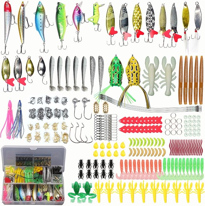 EXAURAFELIS Fishing Lures,Tackle Box with Tackle Included, Crankbaits, Spoon, Shrimp Worm Bait, Hooks,Weights & Other Accessories, Fishing Lures kit Lure Set for Bass Trout Salmon