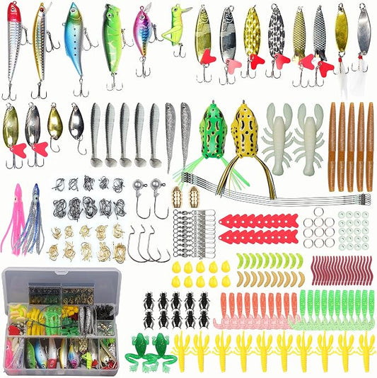 EXAURAFELIS Fishing Lures,Tackle Box with Tackle Included, Crankbaits, Spoon, Shrimp Worm Bait, Hooks,Weights & Other Accessories, Fishing Lures kit Lure Set for Bass Trout Salmon