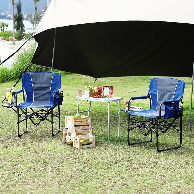 Oversized Camping Directors Chair, Portable Folding Lawn Chairs for Adults Heavy Duty with Side Table, Outdoor Foldable Camp Chair with Pocket for Beach, Fishing,Picnic (2, Blue/Grey, Oversized)