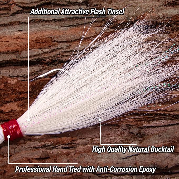 Alwonder 5-Pack Bucktail Jigs Hair Jigs Saltwater Freshwater Fishing Bucktail Lures Surf Fishing Jig Heads White Luminous Chartreuse Swimbait Jig for Bass Flounder Striper Bluefish Halibut Redfish